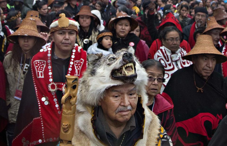 First Nations' elders wait to take part in a Truth and Reconciliation march in Vancouver