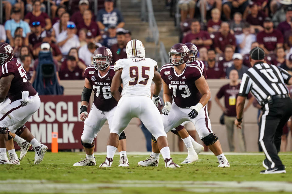 COLLEGE STATION, TX - AUGUST 29: Texas A&M Aggies offensive lineman Colton Prater (76) and offensive lineman Jared Hocker (73) look to block during the game between the Texas State Bobcats and Texas A&M Aggies on August 29, 2019 at Kyle Field in College Station, Texas.  (Photo by Daniel Dunn/Icon Sportswire via Getty Images)