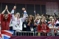 Kristian Thomas (2nd L), Catherine, Duchess of Cambridge, Rebecca Tunney (2nd R) and Beth Tweedle (R) cheer Britain's Louis Smith during the men's pommel horse competition in the North Greenwich Arena during the London 2012 Olympic Games August 5, 2012. REUTERS/Olivia Harris (BRITAIN - Tags: SPORT OLYMPICS ENTERTAINMENT ROYALS GYMNASTICS)