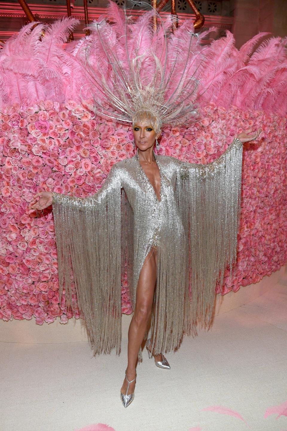 Celine in a long silver fringe dress that extends to her wrists. She also has a large feather headpiece on.