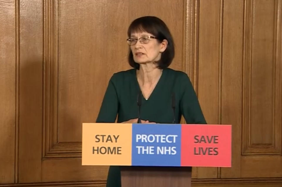 Screen grab of Deputy Chief Medical Officer Dr Jenny Harries answering questions from the media via a video link during a media briefing in Downing Street, London, on coronavirus (COVID-19).