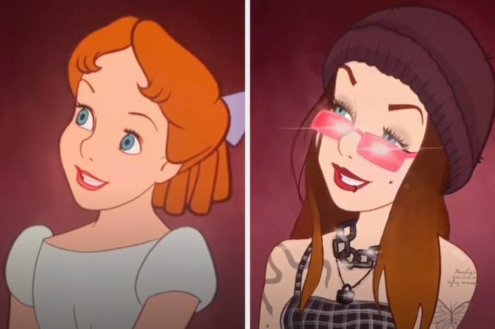 The classic wendy from peter pan side by side with Lexis' wendy, with tattoo, wearing a bean, tiny singlasses, and a spaghetti strap crop top