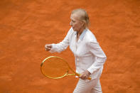 Martina Navratilova, the 18-time Grand Slam singles champion and member of the International Tennis Hall of Fame, holds the Racchetta d'Oro (Golden Racket) award she received from the Italian Tennis Federation ahead of the men's final tennis match at the Italian Open tennis tournament in Rome, Italy, Sunday, May 21, 2023. (AP Photo/Gregorio Borgia)