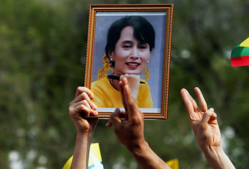 Myanmar citizens protest against the military coup in front of the UN office in Bangkok