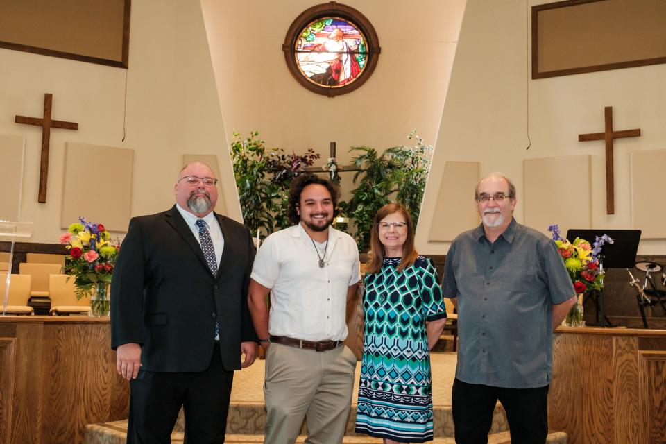 Methodist pastors from Tuscarawas County pose for a group picture inside the Broadway Global Methodist Church, in New Philadelphia. They are, from left, Jim Manbeck, Kory Rowland, Shelly Nordine, and Harley Wheeler.
