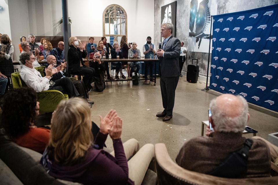 Attorney General Josh Stein is applauded as he speaks at Urban Orchard, October 11, 2023, in his bid for Governor.