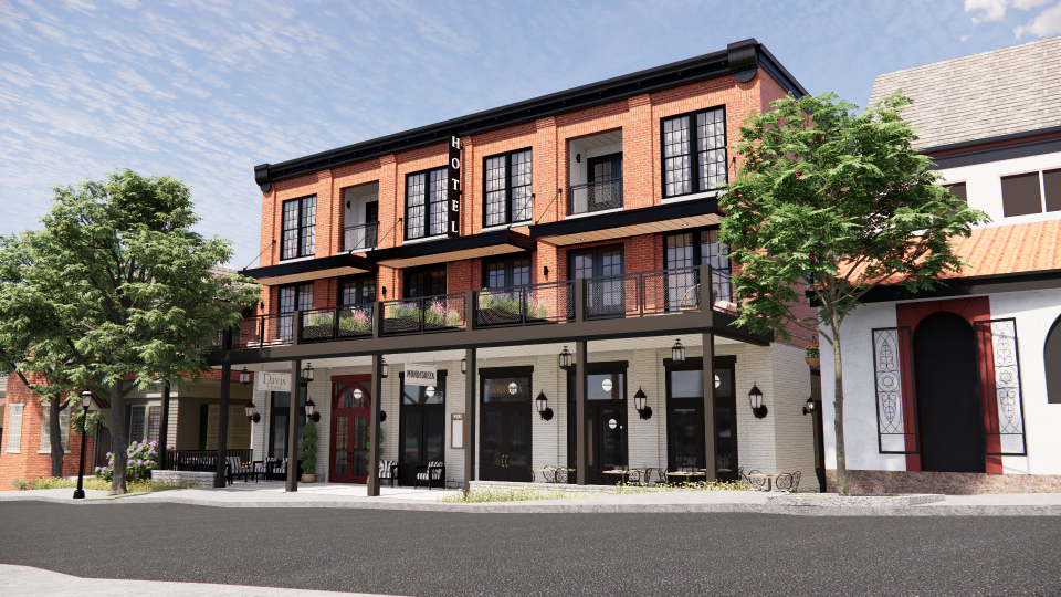 A rendering shows a view from West Court Street of the hotel and restaurant proposed for the former site of the Doylestown Borough Hall and Central Bucks Regional Police station building.