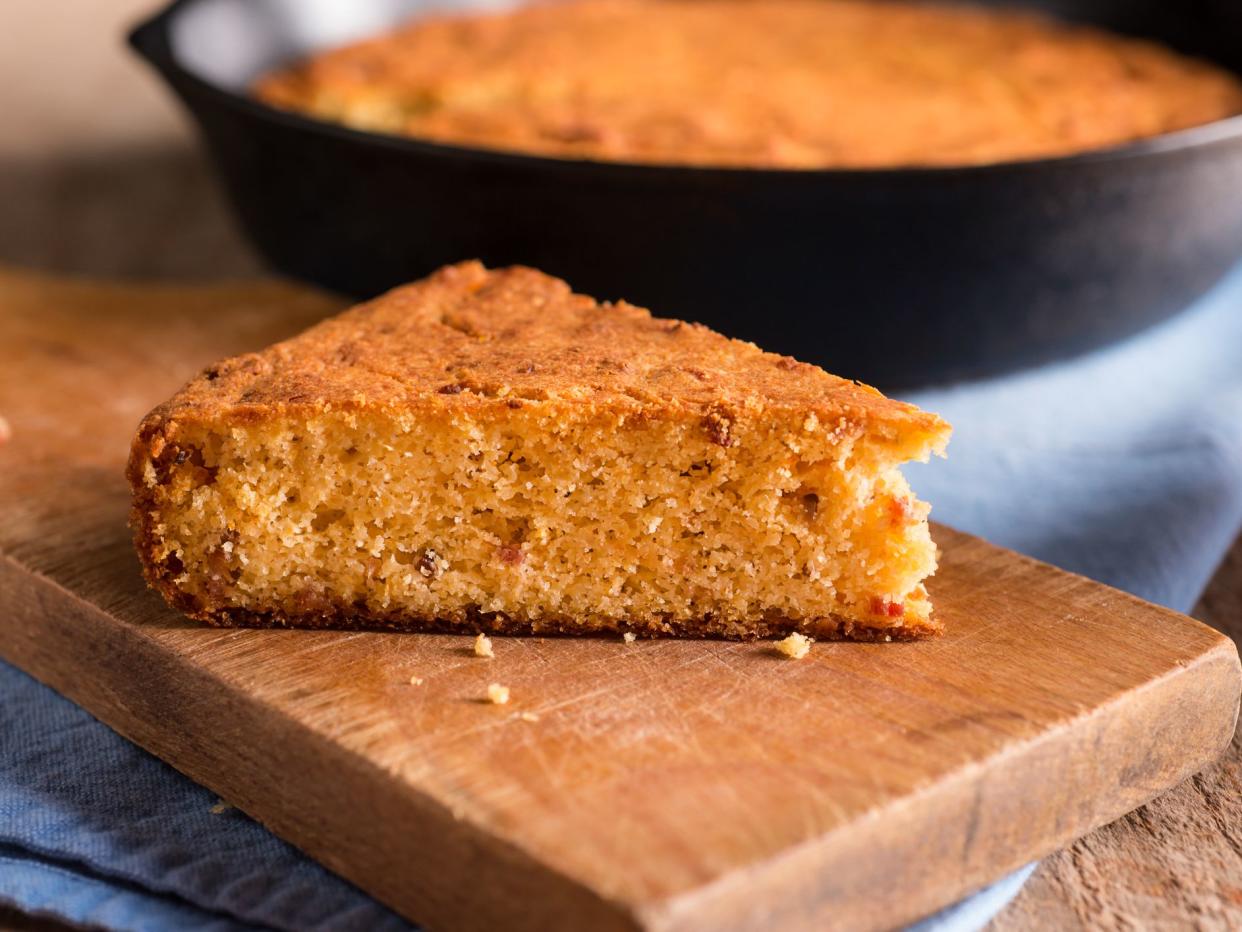 Fresh Cornbread in a Cast Iron Skillet.