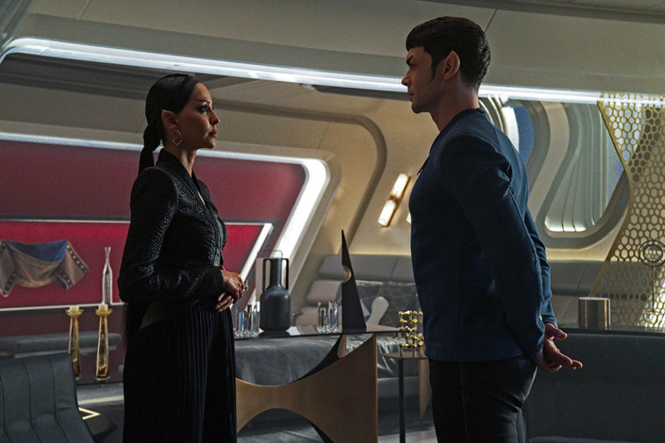 Gia Sandhu as T’Pring and Ethan Peck as Spock in STAR TREK: STRANGE NEW WORLDS. - Credit: Marni Grossman/Paramount+