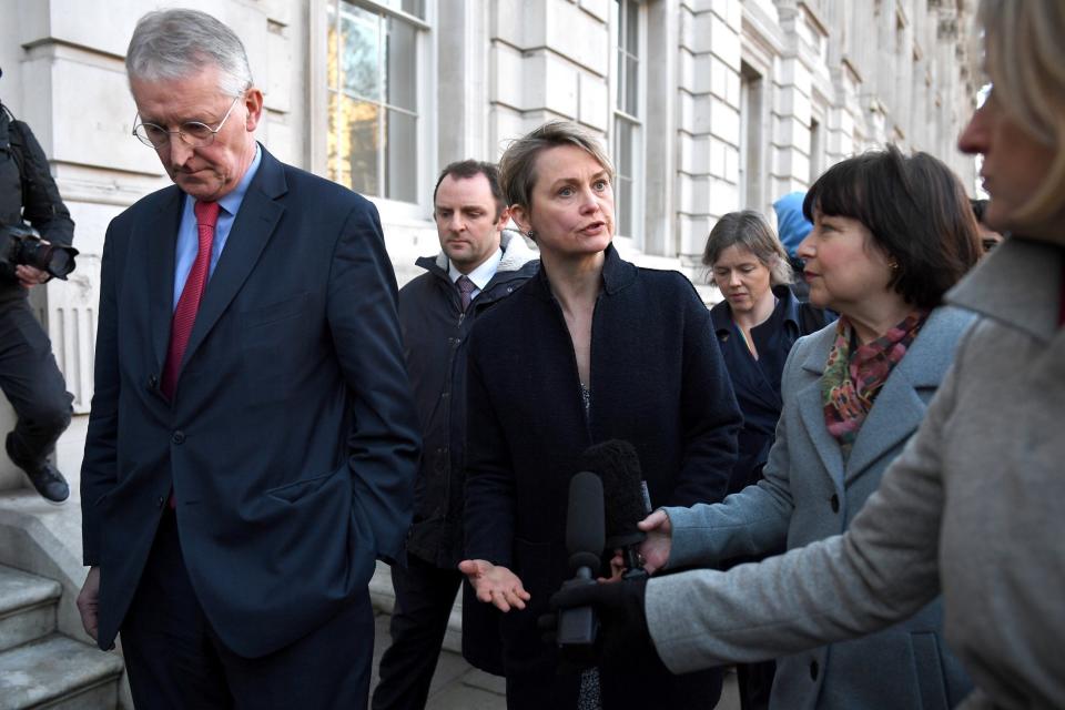 Labour MPs Hilary Benn and Yvette Cooper speak to journalists after a meeting at the Cabinet Office on Thursday to discuss Brexit (Getty Images)