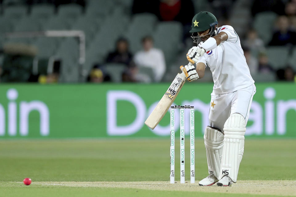 Pakistan's Babar Azam plays a shot during their cricket test match against Australia in Adelaide, Saturday, Nov. 30, 2019. (AP Photo/James Elsby)