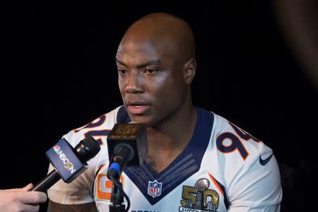 Denver Broncos outside linebacker DeMarcus Ware (94) addresses the media during a press conference prior to Super Bowl 50 at Santa Clara Marriott. Kyle Terada-USA TODAY Sports