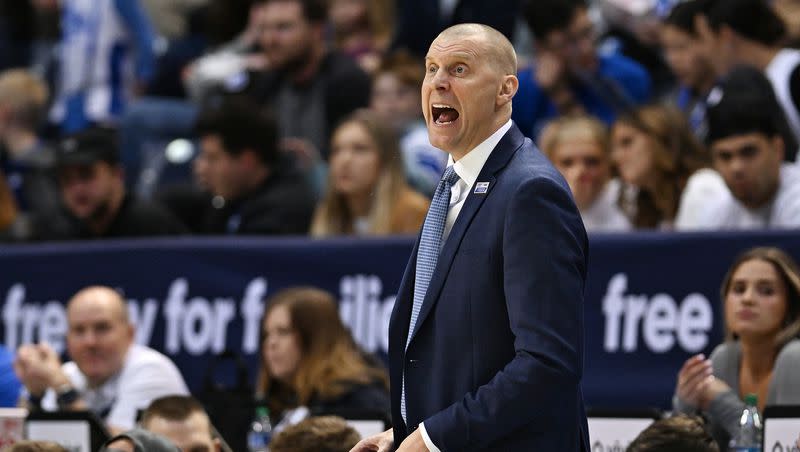 Brigham Young Cougars head coach Mark Pope calls out instructions as BYU and Houston play at the Marriott Center in Provo on Tuesday, Jan. 23, 2024.