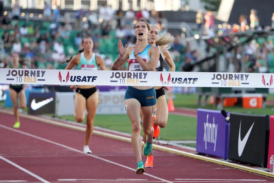 Jul 8, 2023; Eugene, OR, USA; Krissy Gear celebrates after winning the women's steeplechase in 9:12.81 during the USATF Championships at Hayward Field. Mandatory Credit: Kirby Lee-USA TODAY Sports