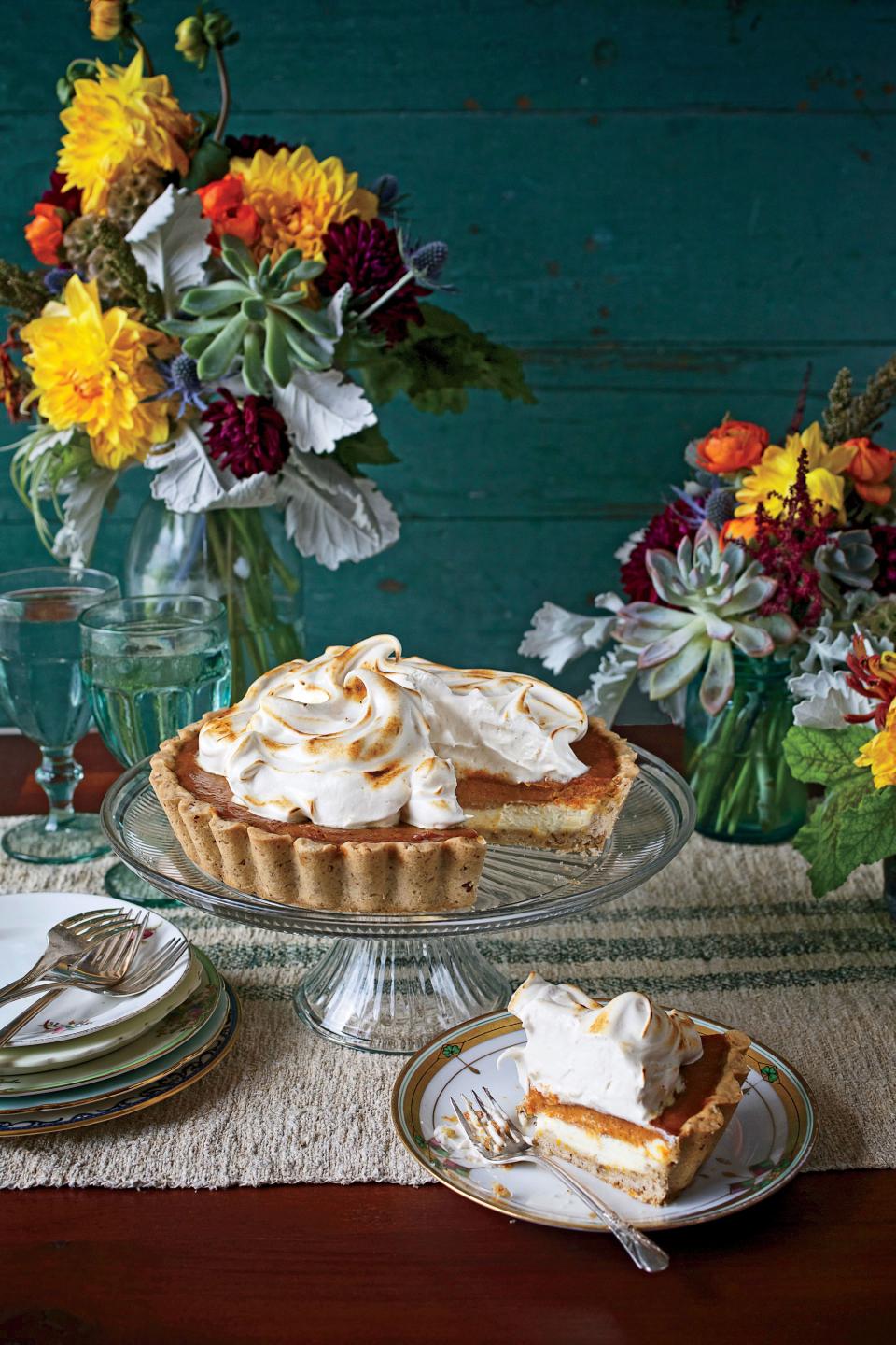 Pumpkin Cheesecake Tart with Honey Swiss Meringue