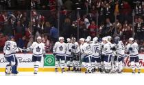 Oct 14, 2017; Montreal, Quebec, CAN; Toronto Maple Leafs players celebrate their win against Montreal Canadiens at Bell Centre. Mandatory Credit: Jean-Yves Ahern-USA TODAY Sports