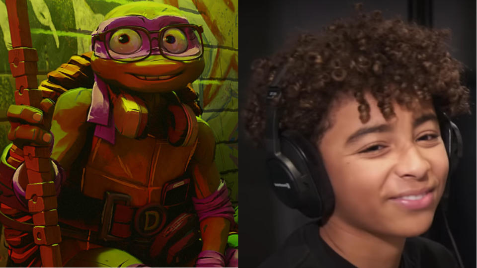 Donatello and Micah Abbey pictured side by side in Teenage Mutant Ninja Turtles: Mutant Mayhem.