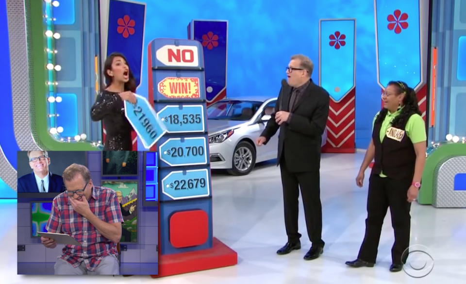 Drew Carey laughs while watching a famous ‘Price is Right’ blooper (Photo: CBS/Yahoo)