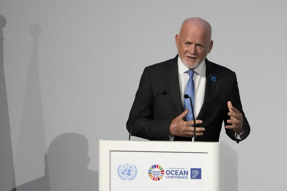 FILE - Peter Thomson, United Nations' Special Envoy for the Ocean, addresses the United Nations Ocean Conference in Lisbon, July 1, 2022. The world is not doing enough to protect coral reefs — vital marine ecosystems that protect biodiversity, produce some of the oxygen we breathe, slow erosion and sustain underwater life — the United Nations’ special envoy for the ocean said Tuesday, April 16, 2024. (AP Photo/Armando Franca, File)