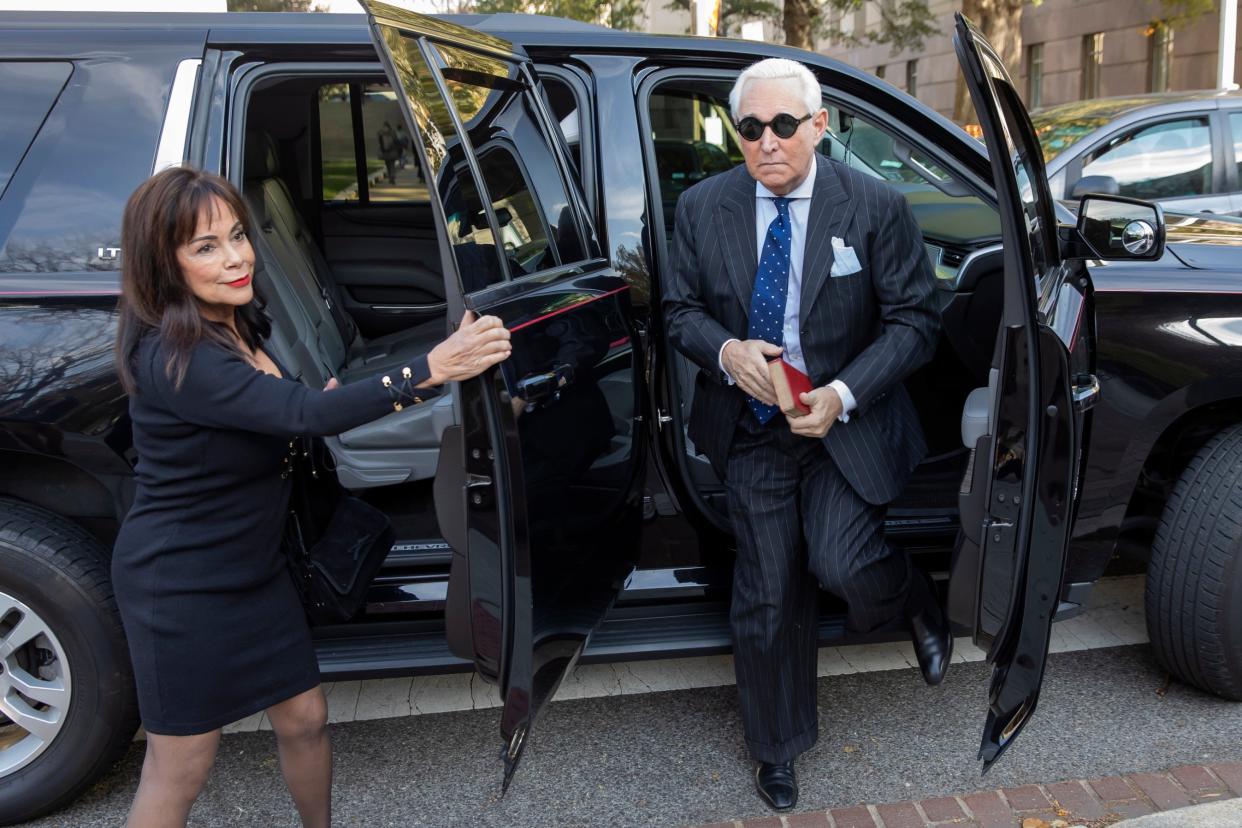Roger Stone arrives at a courthouse in Washington DC with his wife Nydia for the continuation of his trial: EPA