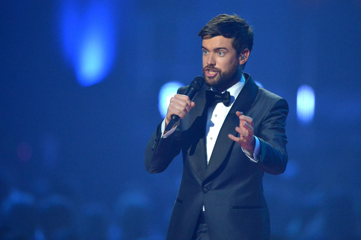 LONDON, ENGLAND - FEBRUARY 18: (EDITORIAL USE ONLY) Comedian Jack Whitehall presents on stage during The BRIT Awards 2020 at The O2 Arena on February 18, 2020 in London, England. (Photo by Jim Dyson/Redferns)