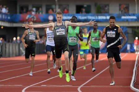 Jul 4, 2016; Eugene, OR, USA; Clayton Murphy celebrates after defeating Boris Berian and Charles Jock to win the 800m in 1:44.76 during the 2016 U.S. Olympic Team Trials at Hayward Field. Mandatory Credit: Kirby Lee-USA TODAY Sports