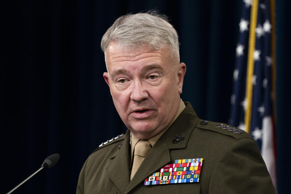 Gen. Kenneth McKenzie, Jr., commander of the United States Central Command, speaks during a briefing at the Pentagon in Washington, Thursday, April 22, 2021. (AP Photo/Manuel Balce Ceneta)