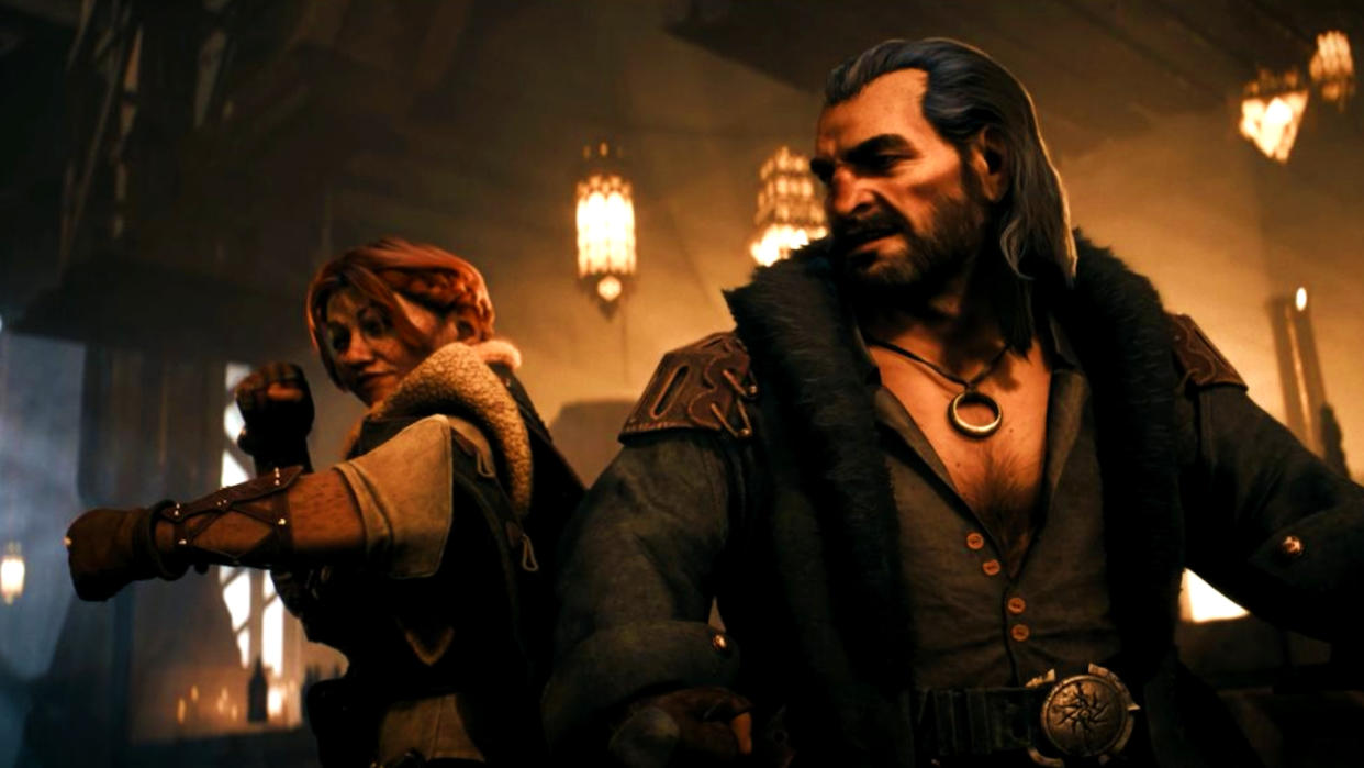  Dragon Age: The Veilguard reveal trailer screenshot showing two of the companions, Varric and Harding. 