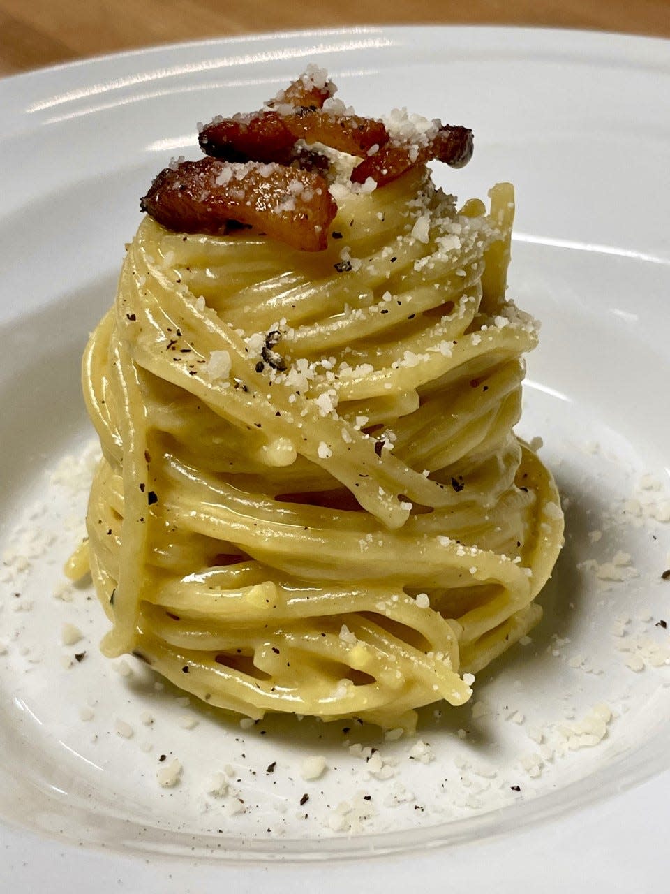 The pasta carbonara is a customer favorite at Pelino's Pasta.