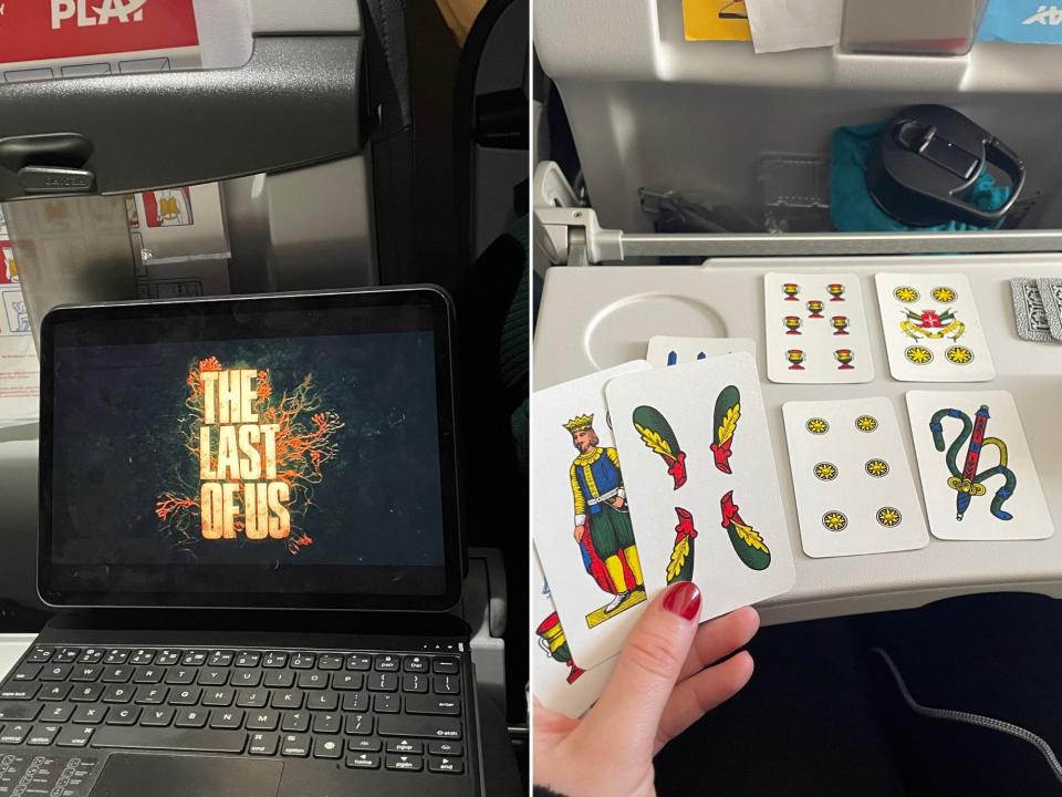 The Last of Us playing on an iPad (L) and playing Italian card games (R) Asia London Palomba PLAY Airlines review