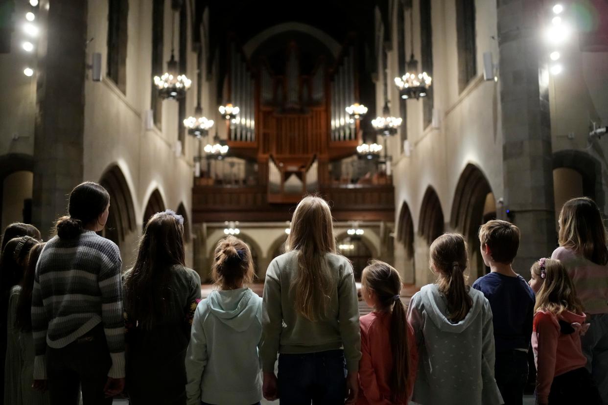 The Ukranian Children's Choir, mainly composed of refugee children, rehearses for a Concert For Ukraine at First Congregational Church Downtown. Proceeds from the Saturday night event benefit support Frontline Medical Ukraine, a nonprofit group dedicated to training and supplying Ukrainian medics.