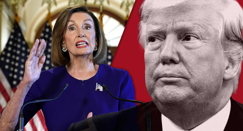 House Speaker Nancy Pelosi; President Trump. (Photo illustration: Yahoo News; photos:  Kevin Lamarque/Reuters, AP)