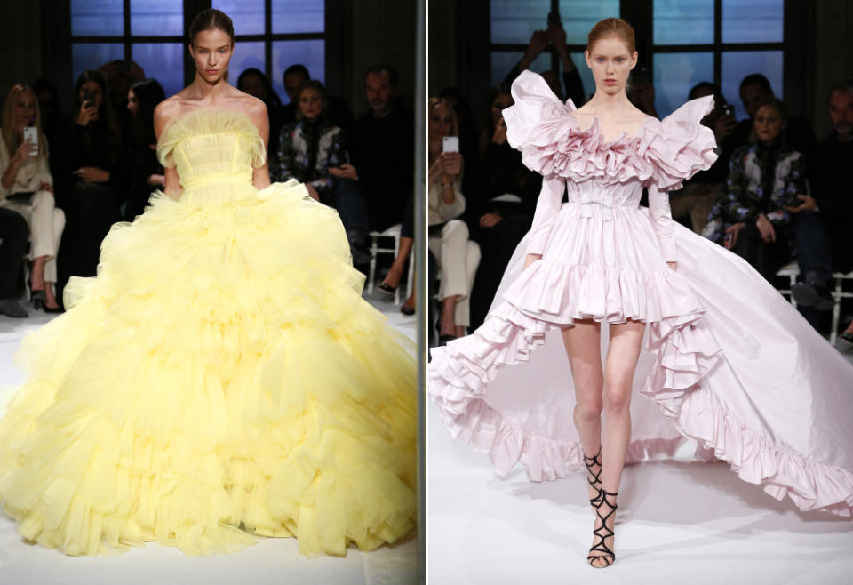 <p>Nur bedingt tragbar: die aktuelle Kollektion des relativen Haute Couture-Neulings Giambattista Valli, die vor allem durch Pastellfarben und üppigen Kubikmeterverbrauch auf dem Runway bestach. (Bilder: Getty Images) </p>