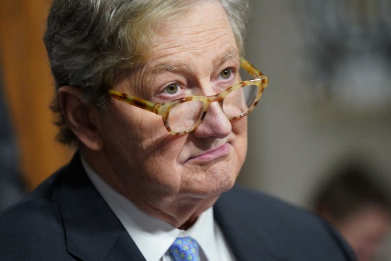 At Wednesday's hearing, Sen. John Kennedy, R-La., asked Meta's Mark Zuckerberg if users understand how their personal data is used, processed and monetized on his social media platforms. Photo by Bonnie Cash/UPI