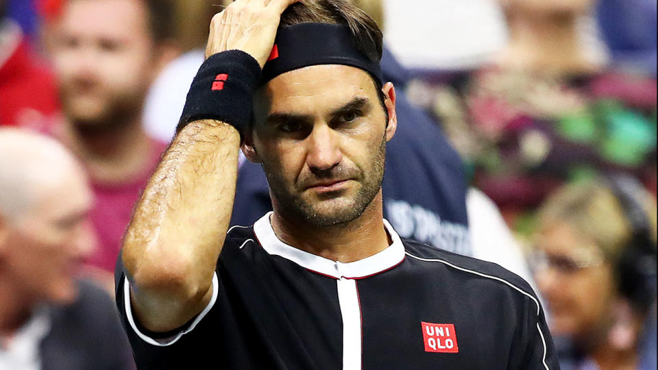 Roger Federer, pictured here after losing the first set against Sumit Nagal.