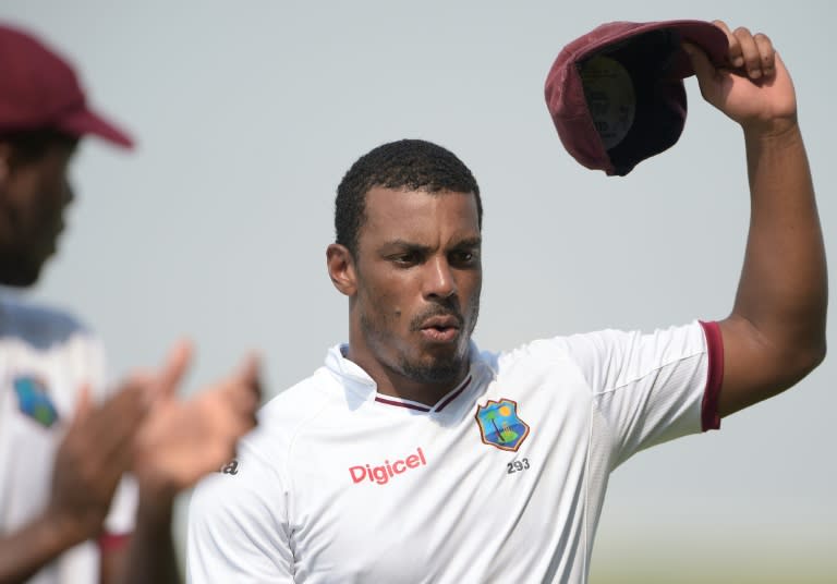 West Indies' bowler Shannon Gabriel acknowledges the applause after taking five wickets against Pakistan on the second day of the second Test against West Indies at the Sheikh Zayed Cricket Stadium in Abu Dhabi on October 22, 2016