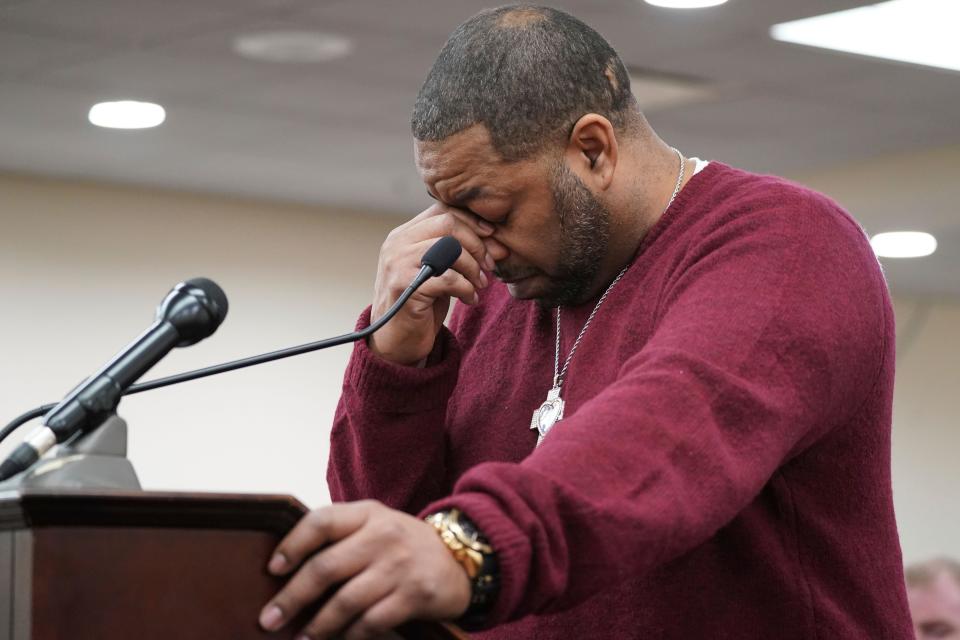 Wayne Jones, the son of Tops Friendly Market shooting victim Celestine Chaney, pauses to collect himself as he makes a statement to the court during the sentencing of Payton Gendron before Erie County Court Judge Susan Eagan, Wednesday, Feb. 15, 2023 in Buffalo, N.Y.  Gendron, a white supremacist who killed 10 Black people at a Buffalo supermarket was sentenced to life in prison after listening to relatives of his victims express the pain and rage caused by his racist attack. (Derek Gee/The Buffalo News via AP, Pool) ORG XMIT: NYBUE407