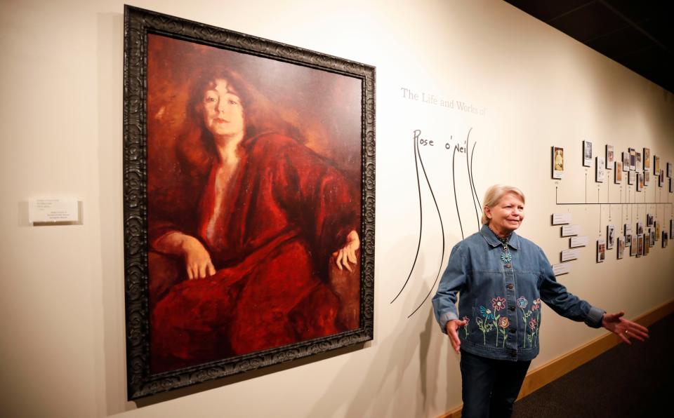 Bonniebrook Art Gallery volunteer Susan Scott talks about the life and work of artist Rose O'Neill on Wednesday, Sept. 6, 2023.