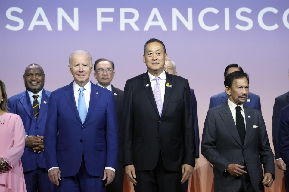 President Joe Biden, from left, Thailand's Prime Minister Srettha Thavisin and Sultan of Brunei Haji Hassanal Bolkiah pose for a family photo at the annual Asia-Pacific Economic Cooperation summit, Thursday, Nov. 16, 2023, in San Francisco. (AP Photo/Godofredo A. Vásquez)