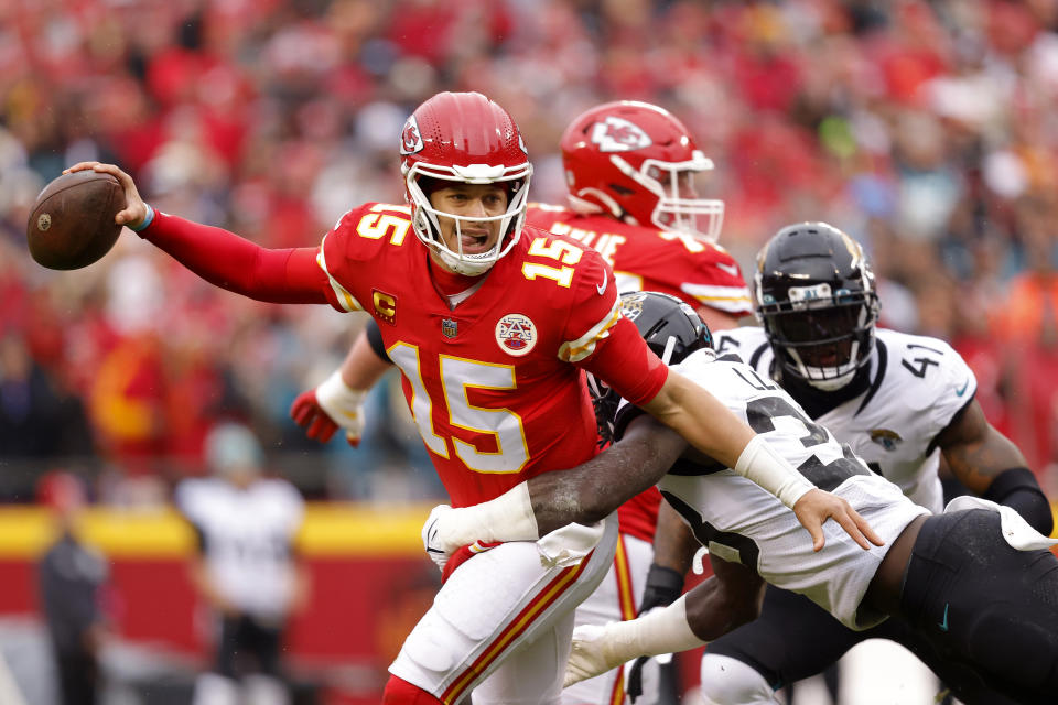 Kansas City Chiefs quarterback Patrick Mahomes had his ankle rolled up on against the Jacksonville Jaguars during Saturday&#39;s divisional playoff matchup. He was briefly replaced by Chad Henne but has returned to action. (Photo by David Eulitt/Getty Images)