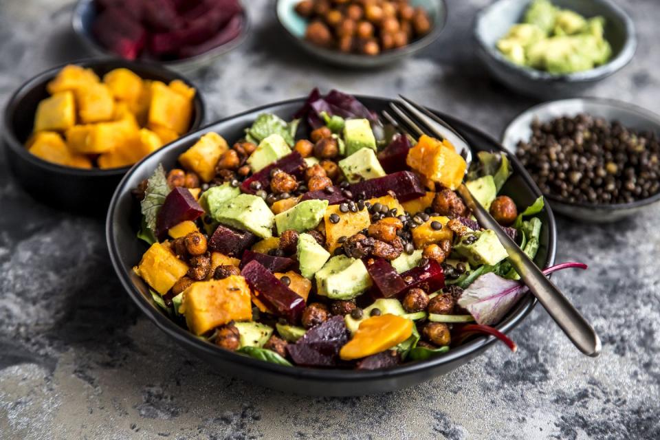 superfood salad, avocado, beetroot, roasted chickpea, sweet potatoe, beluga lentil and blood orange