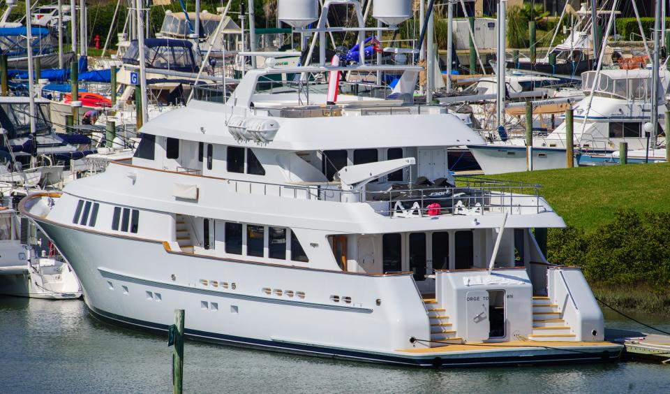 A 128-foot yacht belonging to billionaire Igor Makarov sits docked at the Camachee Cove Yacht Harbor, north of the Vilano Bridge, on March 8, 2022.