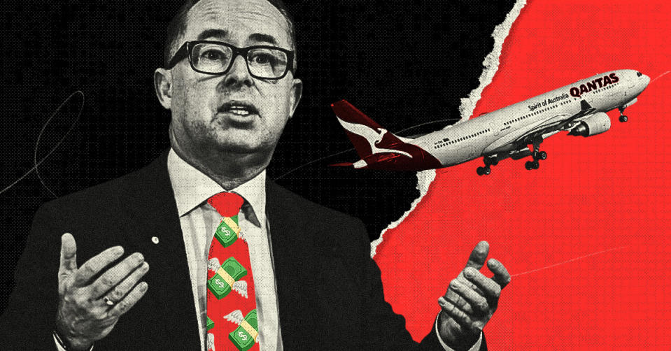 A composite image of Qantas CEO Alan Joyce and the Qantas logo as shown on a plane.