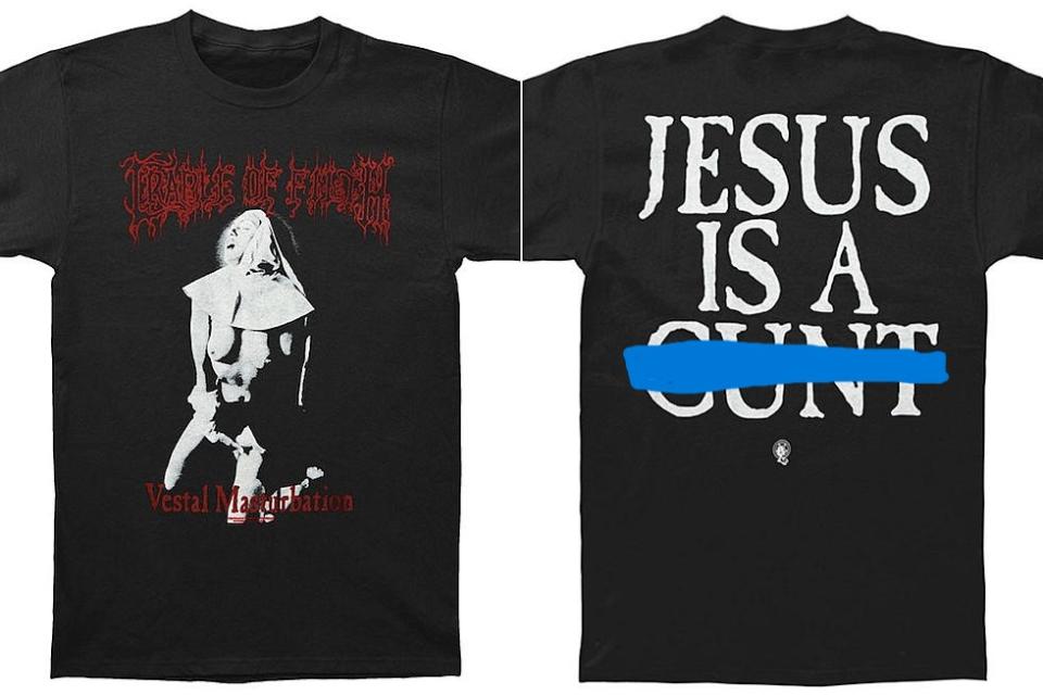 Note: this Cradle of Filth heavy metal t-shirt has been censored out of compassion for all those whom it might otherwise traumatize.