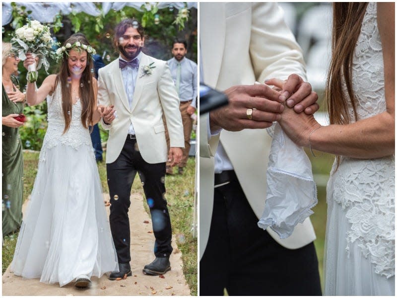 Left: Anthony and Kelly Anne Ferraro walk down the aisle at their wedding. Right: Anthony puts a ring on Kelly Anne's finger.