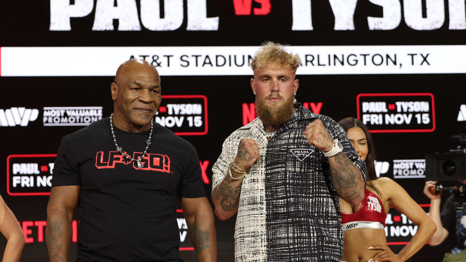 NEW YORK, NEW YORK - AUGUST 18: Mike Tyson and Jake Paul  attend Fanatics Fest Press Conference at Javits Center on August 18, 2024 in New York City. (Photo by Michael Loccisano/Getty Images)