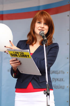 Public figure Maria Butina delivers a speech during a rally to demand the expanding of rights of Russian citizens, in this undated handout photo obtained by Reuters on July 17, 2018. Press Service of Civic Chamber of the Russian Federation/Handout via REUTERS