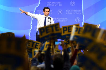 Democratic 2020 U.S. presidential candidate and South Bend Mayor Pete Buttigieg addresses the crowd at the New Hampshire Democratic Party state convention in Manchester