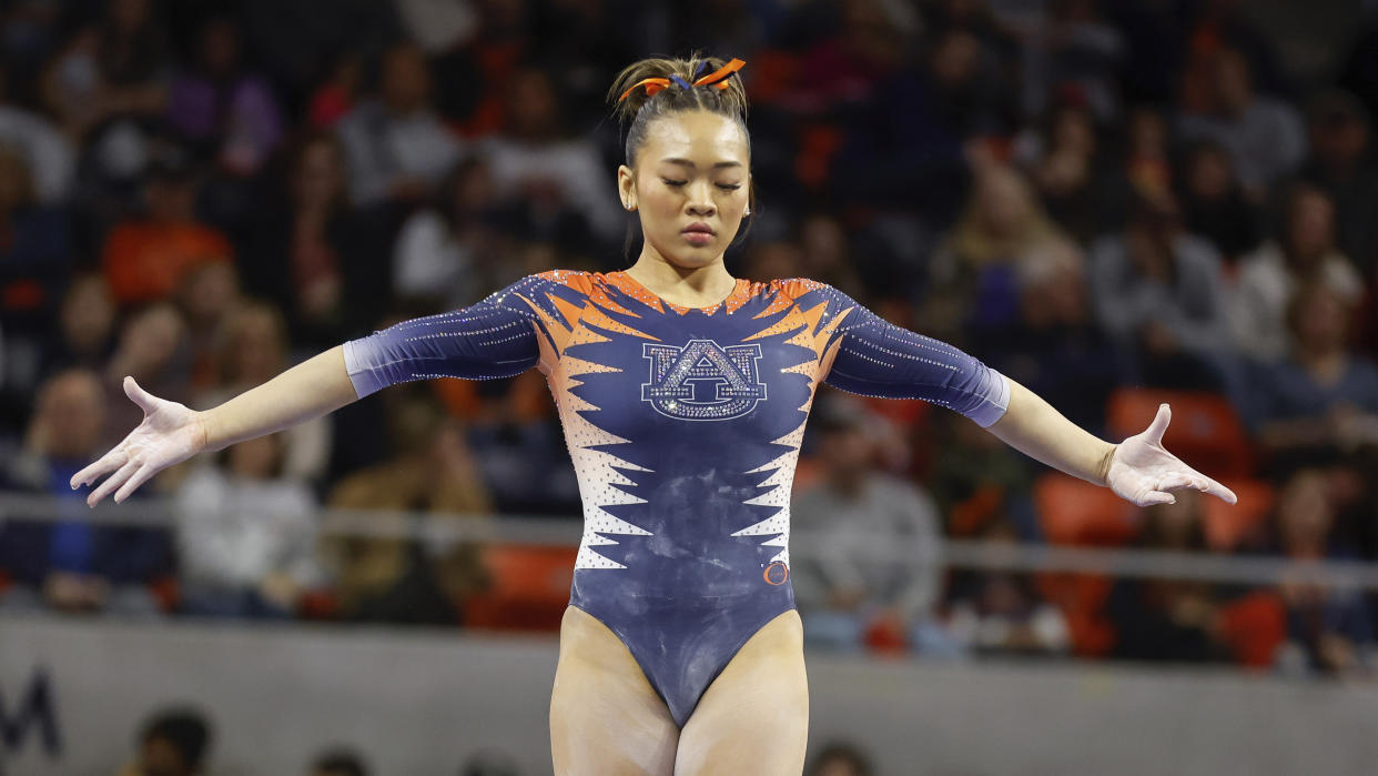 Auburn's Sunisa Lee competes on the balance beam during an NCAA gymnastics meet on Friday, Jan. 27, 2023, in Auburn, Ala. (AP Photo/Stew Milne)