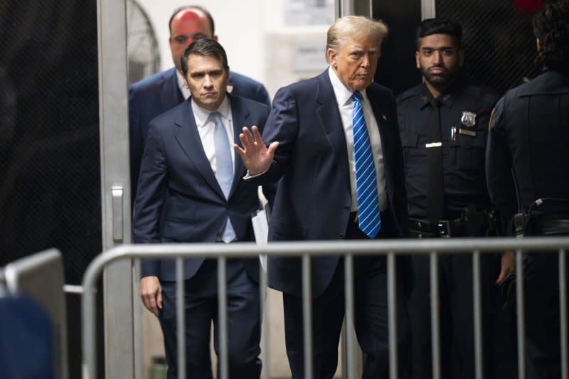 Former President Donald Trump returns to court after a break at Manhattan criminal court in New York on Monday, May 13, 2024. Michael Cohen, a one-time fixer and personal attorney to Trump, will take the stand today to begin testifying in the hush-money criminal trial against the former president. Pool photo by Steven Hirsch/UPI